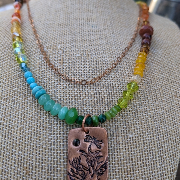 Hand Stamped Gemstone Gradient Dragonfly Necklace - Picture 5 of 10